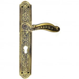 Antik Desen İşlemeli Büyük Kapı Kolu Takımı (354x57mm, Yaylı,Pirinç)