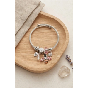 Arı ve Pembe Çiçek Charmlı Gümüş Renk Bileklik