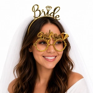Bride Yazılı Taç + Parti Gözlüğü Seti (Gold)