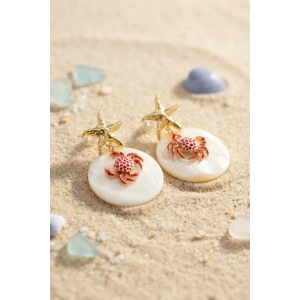 Deniz Yıldızı ve Yengeç Figürlü Sedef Görünümlü Sallantılı Küpe