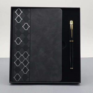 Desenli Siyah Deri Defter Kalem Set