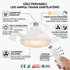 Pervaneli LED Ampul (e27) - 3 Kanat Tavan Vantilatörü (HV501)