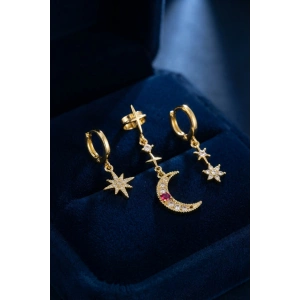 Gold Renk 3 lü Ay ve Yıldız Model Küpe