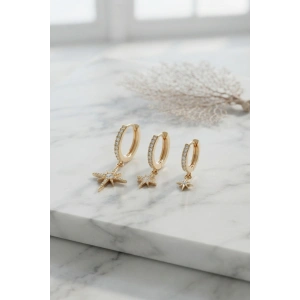 Gold Renk Kutup Yıldız Model 3 lü Küpe Seti