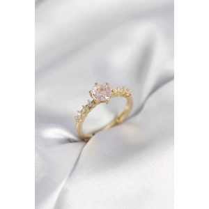 Gold Renk Pembe Tek Taş Model Zirkon Taşlı Kadın Yüzük