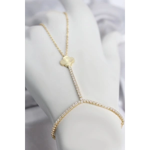 Gold Renk Pirinç Lazerli Yonca Model Zirkon Taşlı Şahmeran