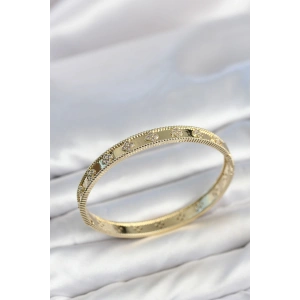 Gold Renk Pirinç Yonca Model Zirkon Taşlı Kadın Kelepçe Bileklik