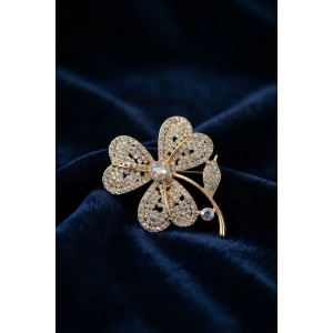 Gold Renk Zirkon Taşlı Yonca Model Broş