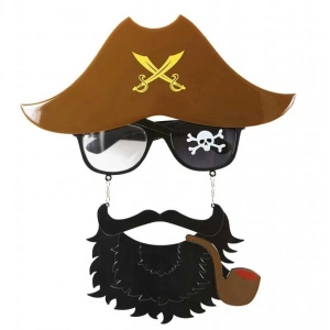 Kahve Renk Şapkalı Siyah Sakallı Pipolu Jack Sparrow Denizci Korsan Gözlüğü 24x25 cm