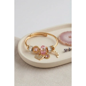 Kalp Model Gold Renk Pembe Charmlı Bileklik