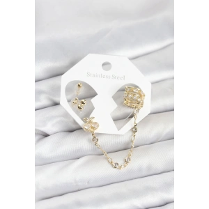 Kiraz Model Pirinç Gold Renk Zincir Bağlantılı Ear Cuff Küpe Seti
