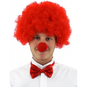 Kırmızı Renk Kıvırcık Afro Bonus Peruk Takma Saç ve Kırmızı Burun Seti