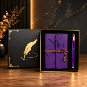Mor Yaprak Desenli Deri Defter + Roller Metal Kalem