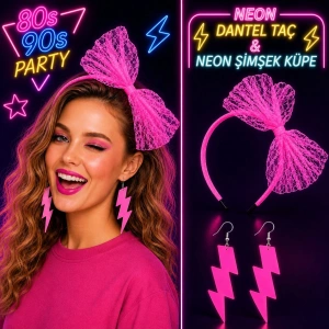 Neon Pembe Dantel Taç + Şimşek Küpe Parti Seti