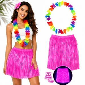 Hawaii Parti Eteği 40 cm (Neon Pembe) + Rengarenk Hawaii Kolye