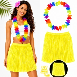 Neon Sarı Hawai Etek (40cm) + Rengarenk Hawai Kolye