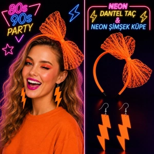 Neon Turuncu Dantel Taç + Şimşek Küpe Parti Seti