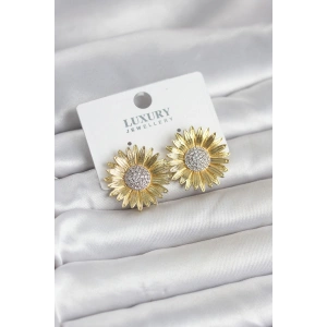 Papatya Model Zirkon Taşlı Pirinç Gold Renk Kadın Küpe