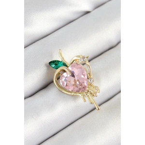 Pembe Ve Yeşil Zirkon Taşlı 3D Eriyen Kalp Figürlü Gold Renk Kadın Broş