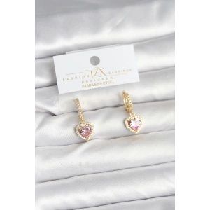 Pirinç Gold Pembe Renk Zirkon Taşlı Kalp Model Kadın Küpe