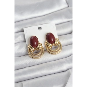 Pirinç Gold Renk Bordo Taşlı Vintage Kadın Küpe