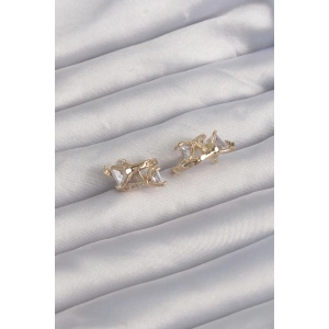 Pirinç Gold Renk İri Zirkon Taşlı Kıvrımlı Minimal Kelebekli Halka Küpe