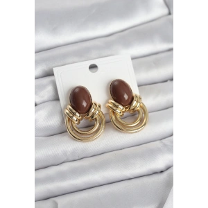 Pirinç Gold Renk Kahverengi Taşlı Vintage Kadın Küpe