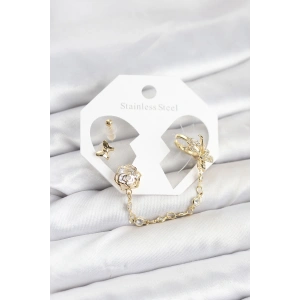 Pirinç Gold Renk Kelebekli Model Zincir Bağlantılı Ear Cuff Küpe Seti