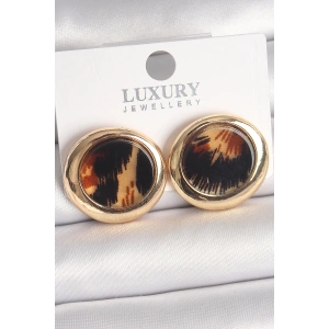 Pirinç Gold Renk Leopar Desen Daire Model Kadın Küpe
