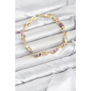 Pirinç Gold Renk Pembe ve Mor Zirkon Taşlı Çiçek Model Kadın Bileklik