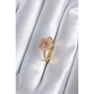 Pirinç Gold Renk Pembe Zirkon Taş Kalp Charm Model Kadın Yüzük
