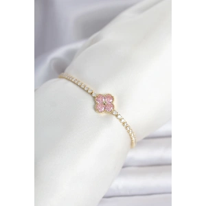 Pirinç Gold Renk Pembe Zirkon Taşlı Yonca Model Su Yolu Kadın Bileklik