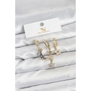 Pirinç Gold Renk Zirkon Taşlı Ay ve Yıldız Model YSX Trio Küpe Seti