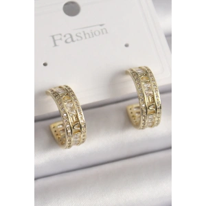 Pirinç Gold Renk Zirkon Taşlı İşleme Detay Halka Model Kadın Küpe