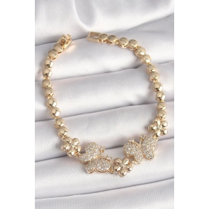 Pirinç Gold Renk Zirkon Taşlı Kelebek Figür Çiçek Zincir Model Kadın Bileklik
