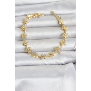 Pirinç Gold Renk Zirkon Taşlı Sıralı Yıldız Model Kadın Bileklik