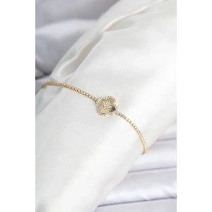 Pirinç Gold Renk Zirkon Taşlı Yonca Model Su Yolu Kadın Bileklik