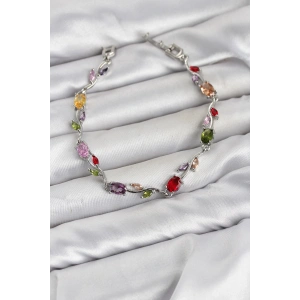 Pirinç Gümüş Renk Mix Renk Zirkon Taşlı Çiçek Model Kadın Bileklik
