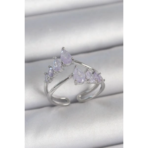 Pirinç Gümüş Renk Mor Damla Zirkon Taşlı Taç Model Kadın Yüzük