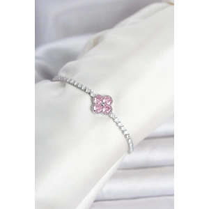 Pirinç Gümüş Renk Pembe Zirkon Taşlı Yonca Model Su Yolu Kadın Bileklik