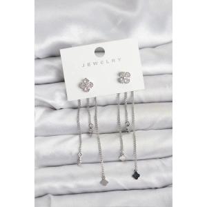 Pirinç Gümüş Renk Yonca Model Sallantılı Kadın Küpe