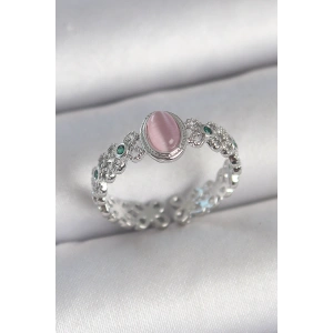 Pirinç Gümüş Renk Zirkon Taş Detaylı Pembe Mineli Damla Model Ayarlanabilir Kadın Yüzük