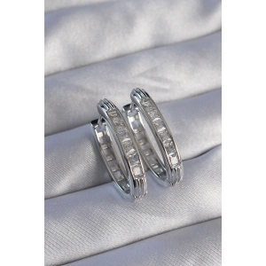 Pirinç Gümüş Renk Zirkon Taşlı Oval Model Küpe