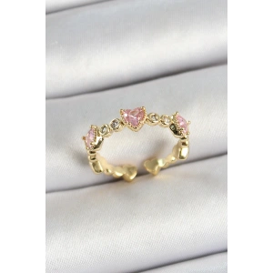 Pirinç Sıralı Kalp Figürlü Zirkon Taşlı Gold Renk Ayarlanabilir Kadın Yüzük