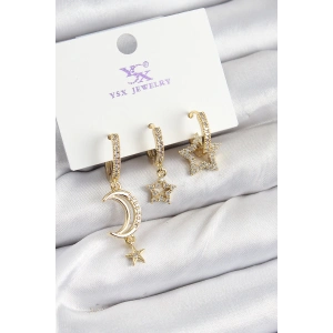 Pirinç Zİrkon Taşlı Ay Ve Hilal Model Gold Renk 3lü Kadın Küpe