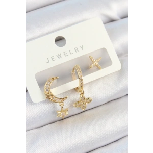 Pirinç Zirkon Taşlı Çiçek Ve Ay Model Gold Renk 3lü Çift Kadın Küpe Set