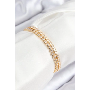 Pirinç Zirkon Taşlı Çift Sıra Model Gold Renk Asansörlü Kadın Bileklik