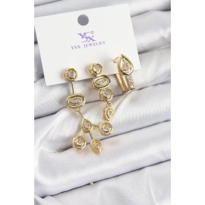 Pirinç Zİrkon Taşlı Geometrik Model Gold Renk 3lü Kadın Küpe