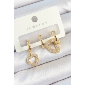Pirinç Zirkon Taşlı Kalp Model Gold Renk 3lü Çift Kadın Küpe Set