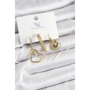 Pirinç Zİrkon Taşlı Kalp Model Gold Renk 3lü Kadın Küpe